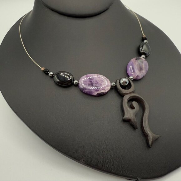 Unique Genuine Amethyst and Tourmaline Stone Beaded Tribal Pendant Necklace - Picture 2 of 10